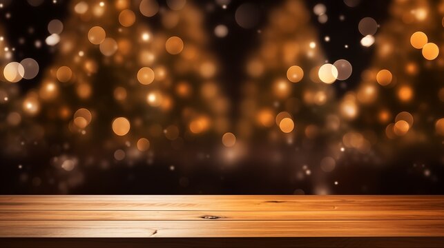 Wooden table showcase postament or exhibition surface with blurry shimmering festive christmas trees background with copy space
