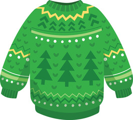 Green Christmas sweater with festive pattern, winter holiday clothing. Knitted jumper with tree and heart design, cozy seasonal apparel.