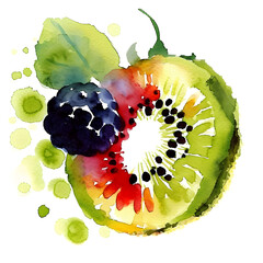 Watercolor painting depicting vibrant kiwi, blackberry, and strawberry slices with splashes of paint, showcasing the essence of summer fruits in an artistic style