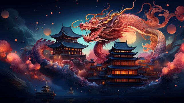 Fantasy image of Asian landscape, skyline with moon and mystery flying dragon.