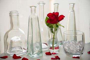 Single red rose with green leaf in glass vase.  Surrounded by decorative glass vases of various...