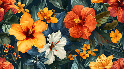 Fototapeta na wymiar Exotic Blossoms Abound: Vibrant Hibiscus Pattern with Lush Greenery