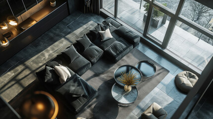 Luxurious living room interior, top view, modern dark furniture. Contemporary design, urban view. Generative AI