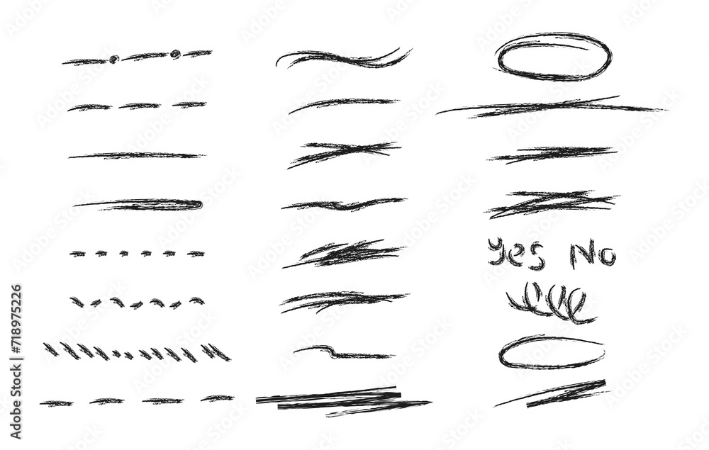 Poster marker pen underline and strikethrough strokes for note book. hand drawn collection of different dia