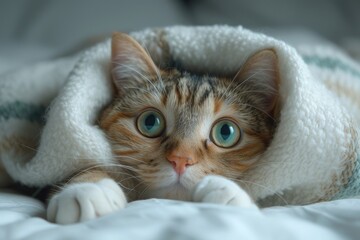 portrait of a cat sleeping in a bed with white linens. Animals at home, space for text. High quality photo