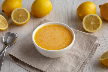 Homemade Organic Lemon Curd in a Bowl, side view.