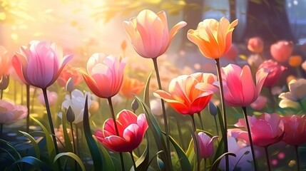 Fototapeta premium Bright tulips blooming in the garden or park