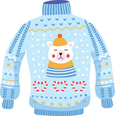 Cozy winter sweater bearing a cute bear in a hat, ideal for festive cheer. Adorable animal design, showcasing warmth, perfect for holiday apparel.