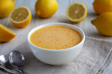 Homemade Organic Lemon Curd in a Bowl, side view.