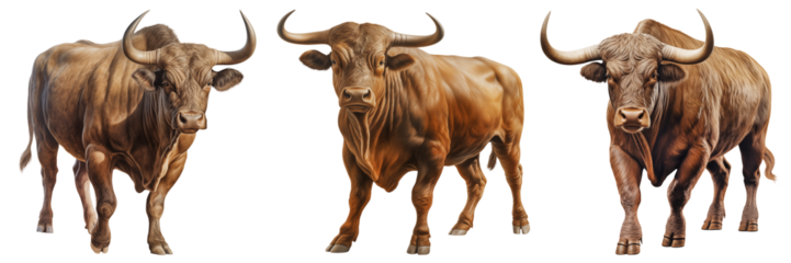 Set of different bulls isolated on a white or transparent background. Close-up of a bulls with horns hanging or falling. A design element to be inserted into a design or project.