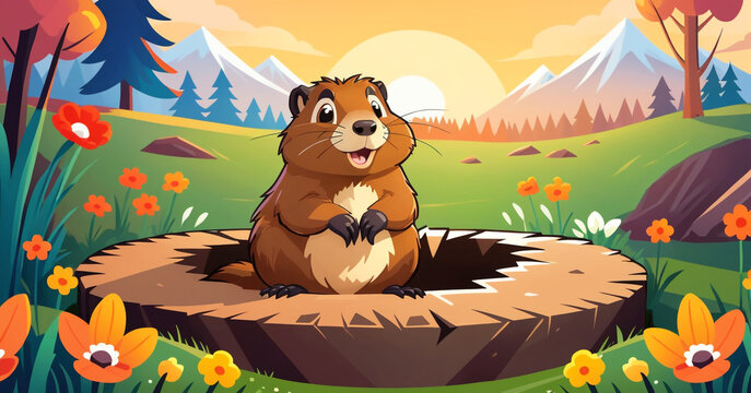 Happy Groundhog Day. А cheerful brown gopher emerging from its burrow. The scene is set in a lush green landscape with blooming orange flowers and a scenic mountain backdrop.