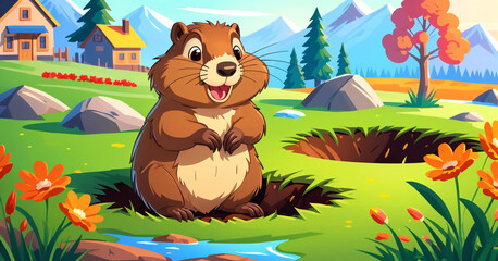 Obraz na płótnie Canvas Happy Groundhog Day. А cheerful brown gopher emerging from its burrow. The scene is set in a lush green landscape with blooming orange flowers and a scenic mountain backdrop.