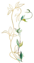 Watercolor green and golden botanical leaves isolated illustration, wedding stationery element