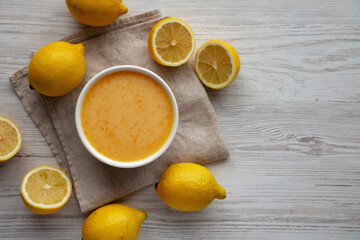 Homemade Organic Lemon Curd in a Bowl, top view. Copy space.