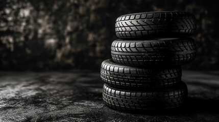 Car tires on a black background. Internet online concept. Generative AI - obrazy, fototapety, plakaty