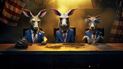 A hare, donkey and goat at a table, usa flag on background, politician concept - obrazy, fototapety, plakaty