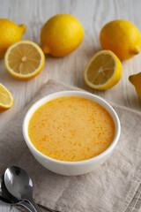 Homemade Organic Lemon Curd in a Bowl, side view.