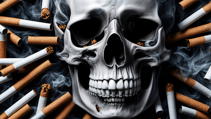 human skull with cigarette, no smoking, world cancer day - obrazy, fototapety, plakaty