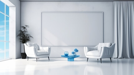 Minimalist living room with white armchairs and blue accent decor. Modern simplicity. Mockup. Generative AI