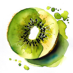 Lively watercolor artwork of a ripe kiwi fruit slice with bursts of green and black, capturing the summery essence and artistic appeal of the refreshing treat on a clean white backdrop