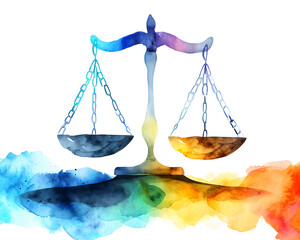 Creative watercolor painting of the scales of justice. Representing legal equilibrium. Set against a vibrant and diverse backdrop. Capturing innovative interpretations of law. Parity