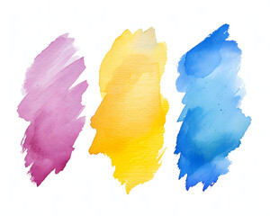 Vibrant watercolor brush strokes in pink, yellow, and blue on a white background, ideal for creative designs and visual art concepts
