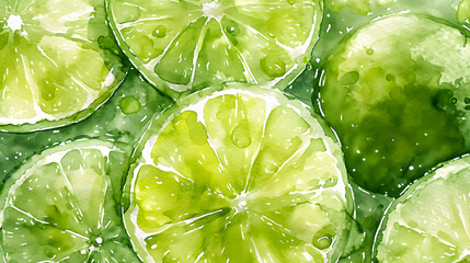 Vibrant green lime slices in watercolor background, ideal for summer designs and healthy lifestyle concepts