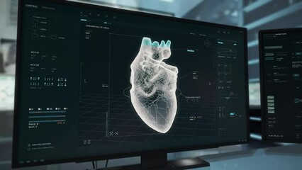 Robotic organ production tech is analyzing the virtual organ data. Robotic organ production tech is creating a realistic duplicate of the heart. Robotic tech producing the 3D replacement organs