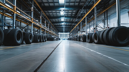 Automobile tires in a row at a tire warehouse. Internet Retail and automotive concept. Generative AI - obrazy, fototapety, plakaty