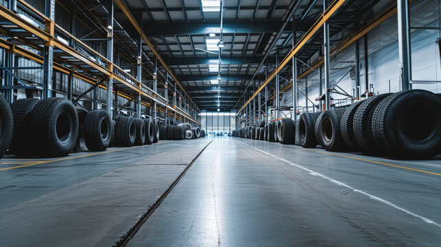 Automobile tires in a row at a tire warehouse. Internet Retail and automotive concept. Generative AI