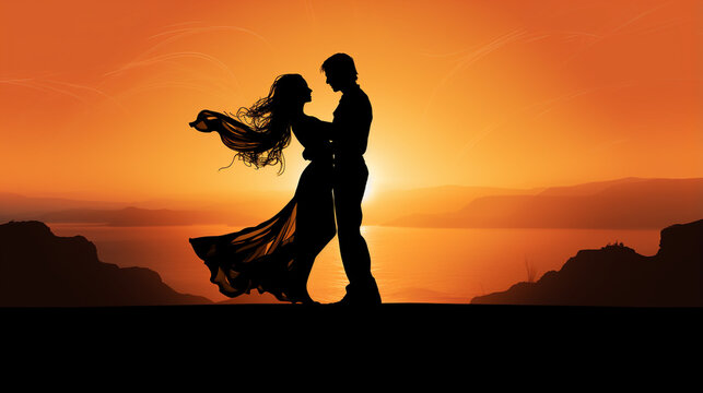 Silhouette of a couple dancing intimately sunslight
