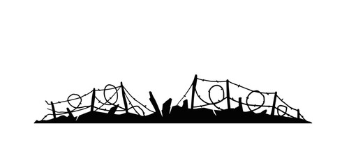 Barbed wire. Silhouette of military barricades. Defensive fortifications. Scenery of modern military conflict. Black illustration isolated on white