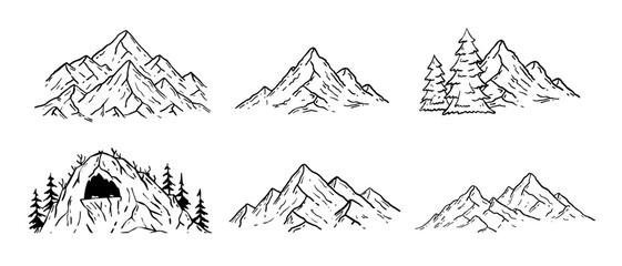 Mountain landscape. Fantasy Sketch peak, engraving nature rock illustration. Set of natural cartoon cliff. Vintage hiking outdoor land, highlands landmark