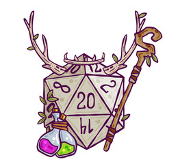 Dice for playing DnD. Druid character. Tabletop role-playing game Dungeon and dragons with horned d20. Magical role of ranger