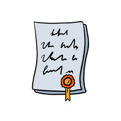 Certificate or paper document with seal. Diploma file with stamp, legal agreement illustration. business page, law sheet with sign. award and education contract with signature