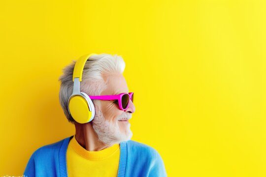 Elderly woman with headphones listening to music on a yellow background. Music Streaming Service Concept with Copy Space.