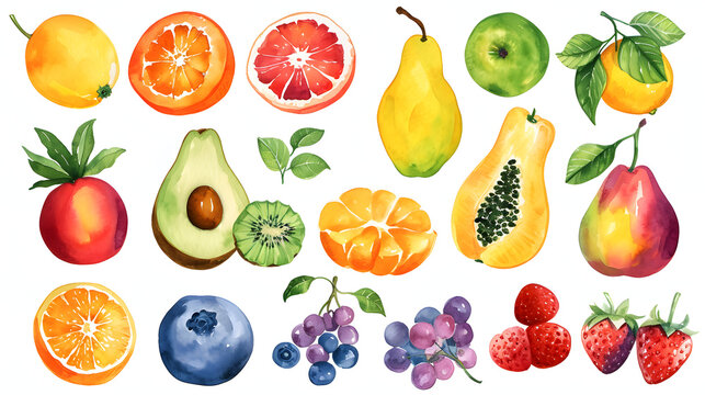 A collection of fruits including apples, oranges, bananas, and kiwis. The fruits are painted in watercolor and arranged in a row