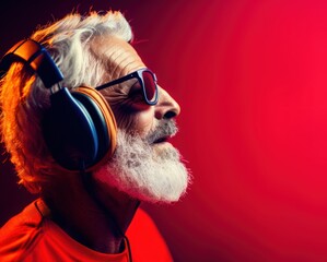Elderly man listening to music in headphones on a red background. Music Streaming Service Concept with Copy Space.