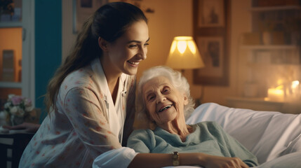 Smiling caring young female nurse doctor caretaker - obrazy, fototapety, plakaty