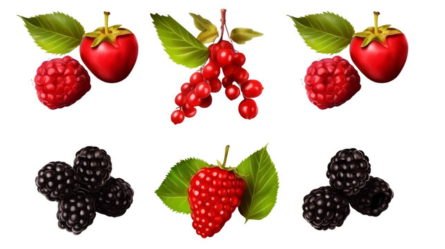 Close-up view of mixed, assorted berries blackberry, strawberry, blueberry, raspberry with green leave isolated on transparent background. Colorful and healthy concept. Black, blue, red, green color