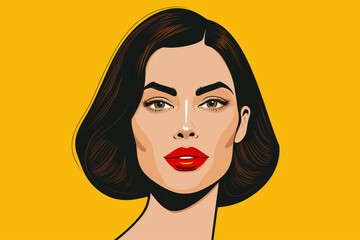 Woman with dark shoulder-length hair, red lips, against a bright yellow background, illustration
