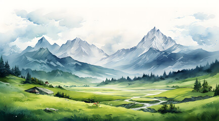 Serene illustration of a lush mountain valley with a winding path leading to a quaint village, surrounded by towering peaks and flowering meadows under a soft, pastel sky