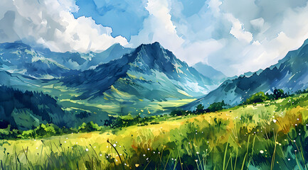 A mountain landscape: vibrant digital illustration featuring lush greenery, dramatic peaks, and a tranquil valley in golden light