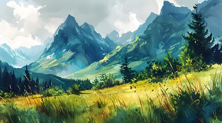 A mountain landscape: vibrant digital illustration featuring lush greenery, dramatic peaks, and a tranquil valley in golden light