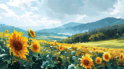 Serene beauty in nature: vibrant sunflowers reaching towards the horizon with a picturesque mountain range under a dramatic sky