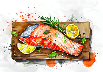 Stunning watercolor artwork featuring a fresh salmon fillet adorned with lemon and herbs on a rustic wooden cutting board, perfect for culinary themes and food enthusiasts