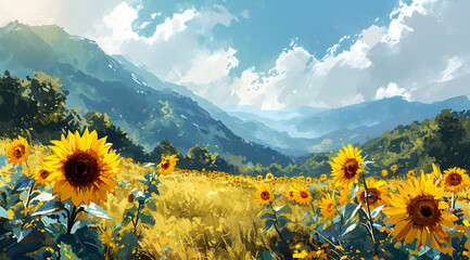 Serene beauty in nature: vibrant sunflowers reaching towards the horizon with a picturesque mountain range under a dramatic sky