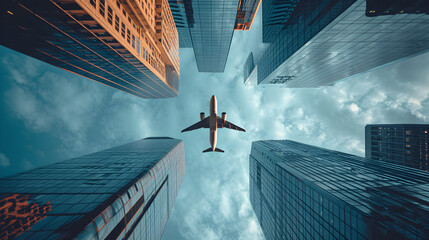 Silhouette of a jet plane flying low over different kind of architecture with commercial office buildings, bottom view of a plane flying in the sky over skyscrapers, Generative Ai - obrazy, fototapety, plakaty