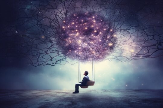 A man lost in thought sits on a swing beneath a cosmic tree with branches stretching into a starry sky, embodying contemplation and the vastness of the universe, Cosmic contemplation.