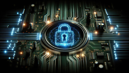 Futuristic digital padlock representing cybersecurity on an illuminated circuit board, symbolizing data protection and encryption.